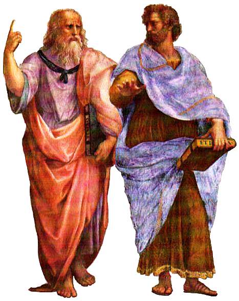 Aristotle and Plato from Raphael's School of Athens. Notice how the contrasting paradigms of these two great philosophers are subtly woven into their gestures.  Plato points upward to the universal forms while Aristotle gestures toward the earth symbolizing his focus on natural sciences.